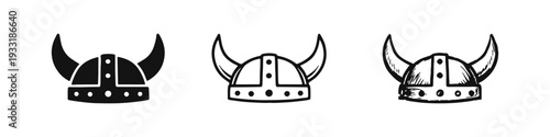 Viking Helmet with Horns Icon Set - Norse Warrior Headwear Symbol in Solid, Outline and Hand-drawn Styles