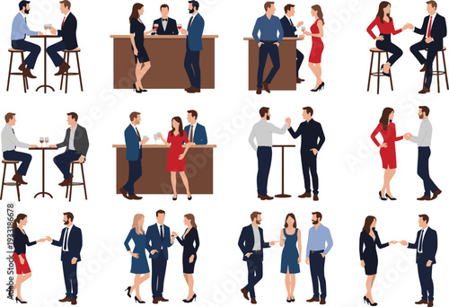 Professional business people networking, shaking hands, socializing at bar lounge, enjoying drinks, communication interaction concept illustration, flat vector