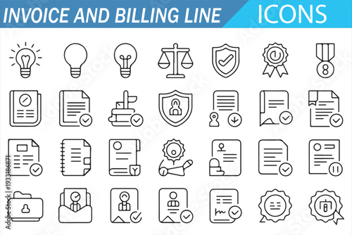 Invoice and Billing Line Icons Set – Finance, Accounting, Tax, Payment and Business Document Outline Vector Collection for Office and Corporate Design