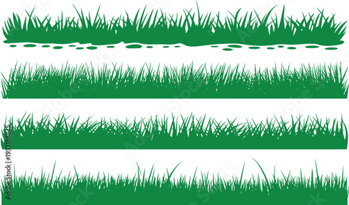A set of four different vibrant green grass borders and ground elements isolated on a clean white background