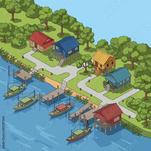 Colorful houses and docks by the lake in a cartoon landscape.
