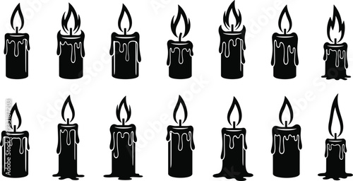 Vector collection of fifteen black silhouette candles with dripping wax and flames, artistic decorative design for holiday, spiritual, and graphic projects