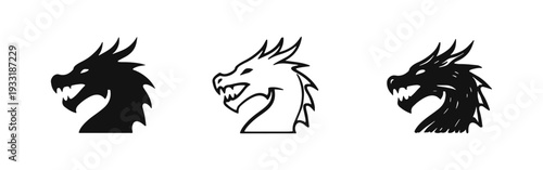 Roaring Dragon Head Icon Set - Mythical Fantasy Beast Symbol in Solid, Outline and Hand-drawn Styles