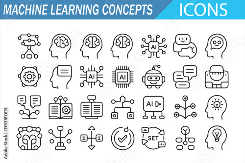 AI Technology and Machine Learning Icons – Minimal Outline Illustration