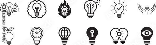 Lightbulb with brain icon set, thin line vector collection representing creativity and innovation.