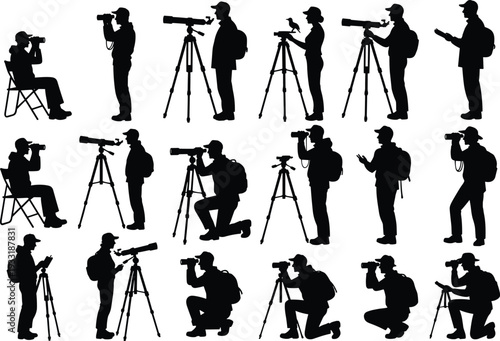 Set of black silhouettes featuring people using binoculars, telescopes, and spotting scopes for birdwatching or stargazing, isolated on white background, flat vector (21 words)