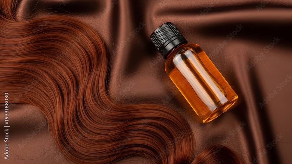 Naklejka premium Wavy, radiant auburn hair strands gracefully arranged next to a sleek glass bottle containing premium golden essential oil, ideal for advanced hair care treatments and luxurious beauty