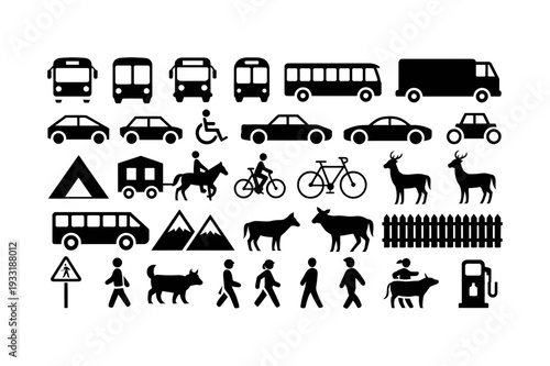 Transportation and Travel Silhouette Icon Set. Vehicles, Public Transport, Animals and Outdoor Elements. Vector Illustration.