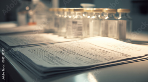 Doping control, documentation ready for analysis at sports competition. Vials containing biological samples are lined up next to stacks of official documents, indicating preparation for doping control