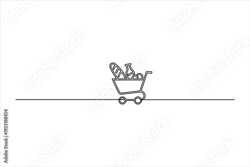 Minimalist continuous one-line drawing of a shopping cart filled with groceries like bread and a bottle. Simple vector art on a white background.