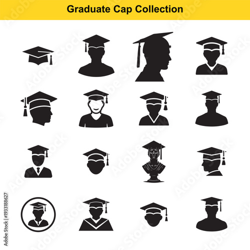 A diverse set of black silhouette icons featuring graduation caps worn by busts and profiles represents academic achievement, commencement ceremonies, and higher education success.
