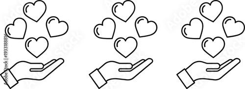 Hand holding hearts line icons set, love care charity donation and social support outline vector illustration collection