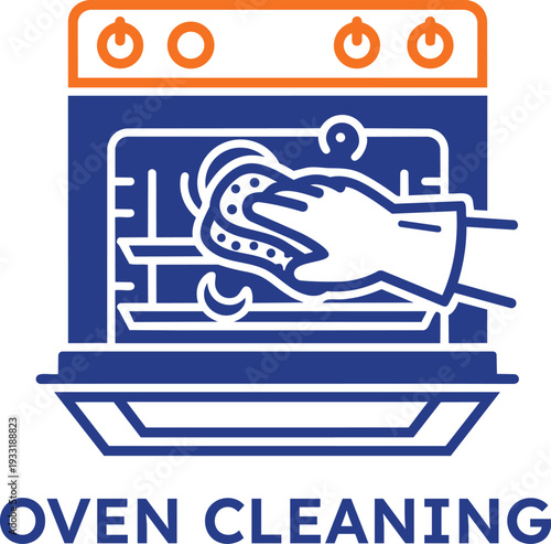 Detailed illustration of a hand wearing a protective glove using a sponge to scrub the interior of a modern oven emphasizing the cleaning process and household chores isolated