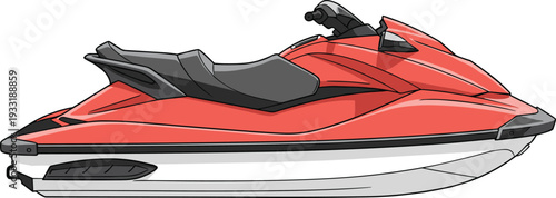 Red and black jet ski illustration with sleek aerodynamic design, modern watercraft artwork symbolizing recreation, speed, adventure, ocean leisure, and aquatic sports for creative projects.