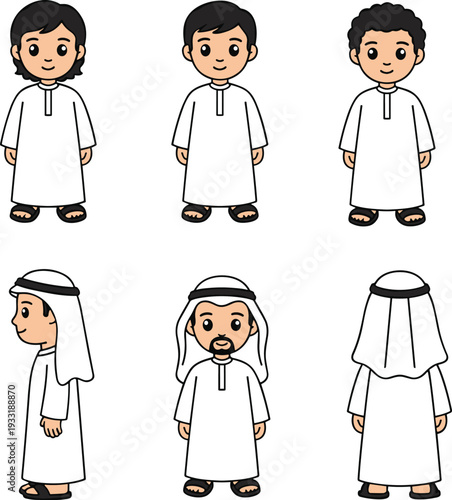 Cartoon illustration of Middle Eastern males in traditional thobes and keffiyeh, cultural attire artwork showing children and adults, Islamic clothing design for heritage and educational projects.