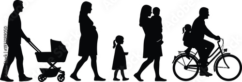 Silhouette of diverse family members walking and riding bicycle together