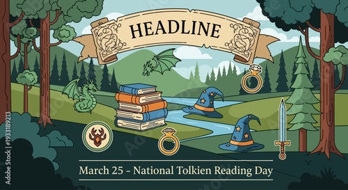 Whimsical forest scene celebrating National Tolkien Reading Day with fantasy elements
