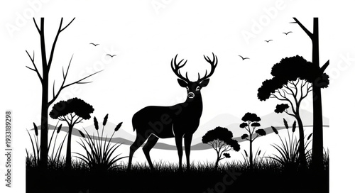 Silhouette of Deer in Landscape.