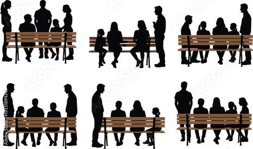 Silhouettes of families and groups interacting on park benches, adults and children together, community social connection concept illustration artwork, flat vector