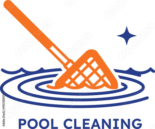 Pool cleaning icon with orange skimmer and blue water ripples on transparent background