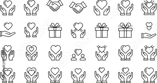 Love care and charity line icons set, helping hands hearts gift and partnership outline vector illustration collection