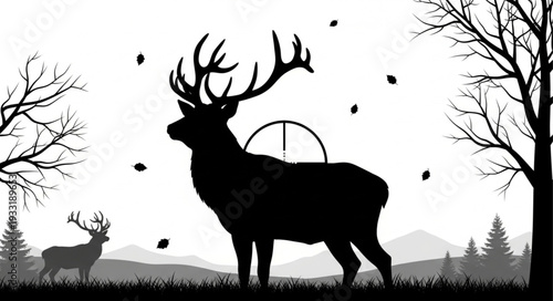 Silhouette of Deer with Antlers.