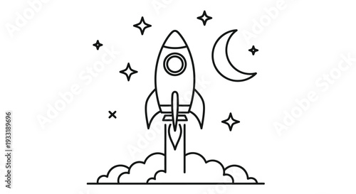 A minimalist line drawing depicts a rocket launching towards a crescent moon