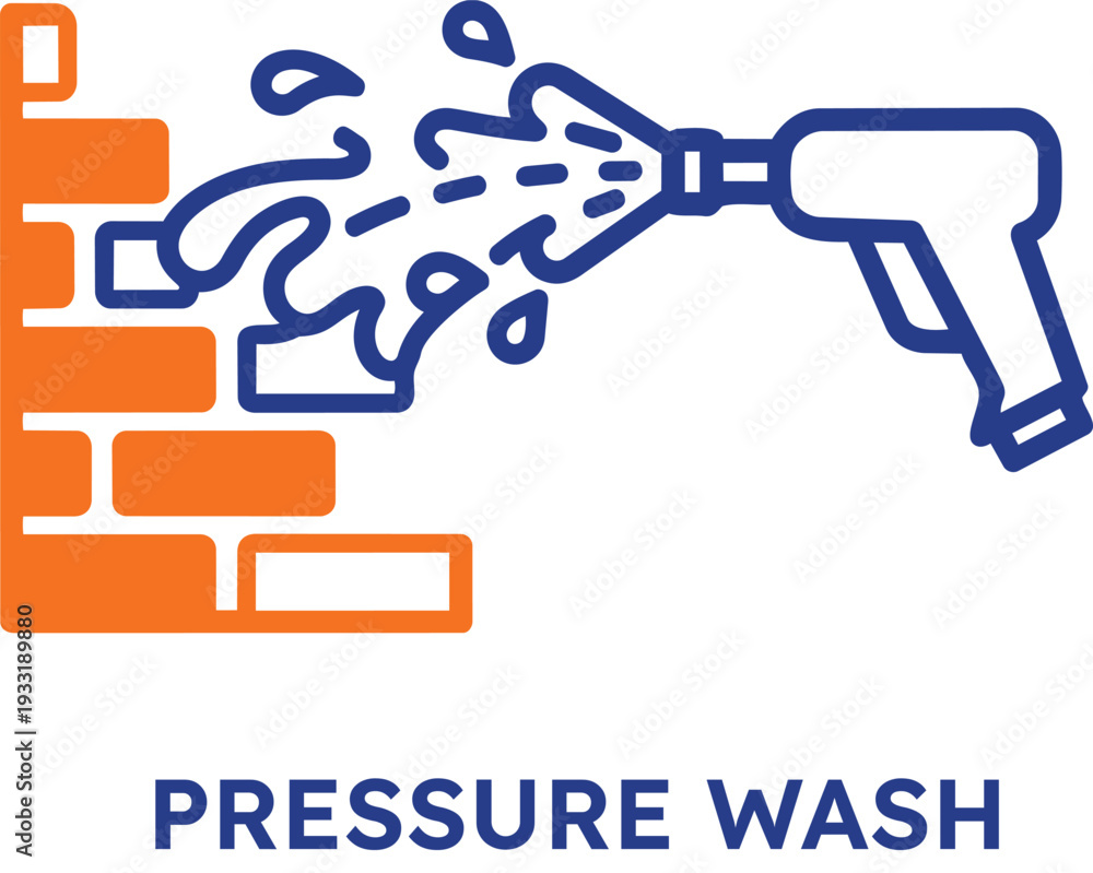 Obraz premium Pressure wash icon with orange brick wall and blue nozzle on transparent background
