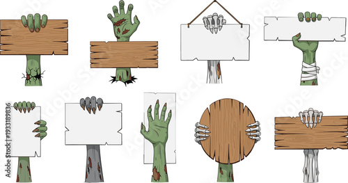 Zombie Hands Holding Wooden and Blank Signboards Illustration Set Featuring Horror, Halloween, Undead Warning Boards, and Spooky Message Placards