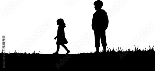 Little girl walking and boy standing on grass silhouette isolated on white background vector