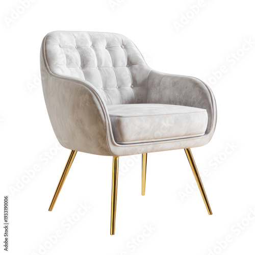 A luxurious white chair with gold legs on transparent background