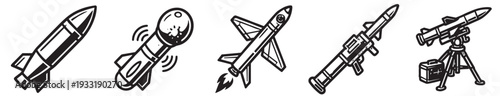 rocket and missile vector icons, space shuttle spacecraft and military launcher silhouettes isolated on transparent background