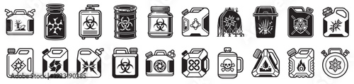 hazardous chemical container vector icons, toxic biohazard radioactive flammable warning symbols on industrial barrels and canisters isolated on transparent background