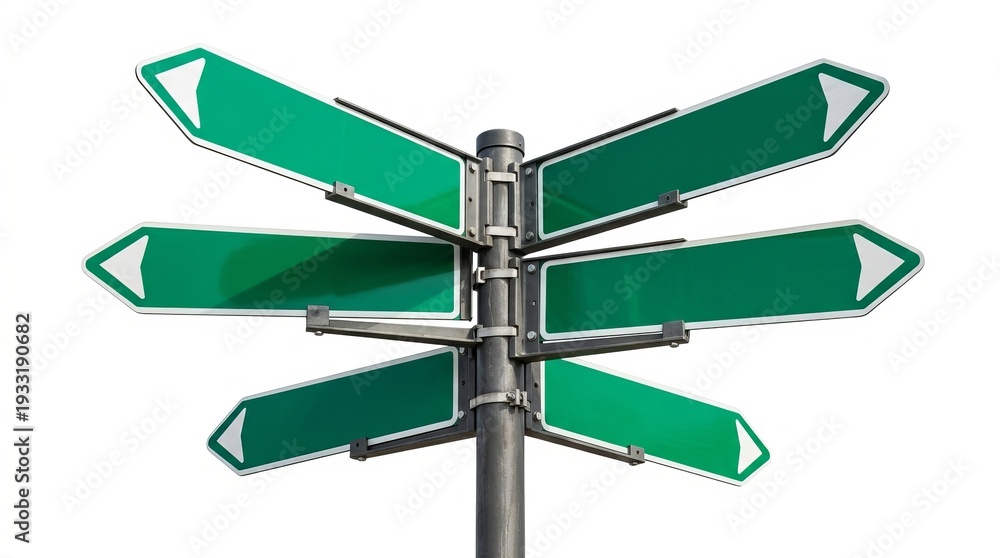 Obraz premium A green directional signpost with multiple blank arrows pointing in different directions on a white background