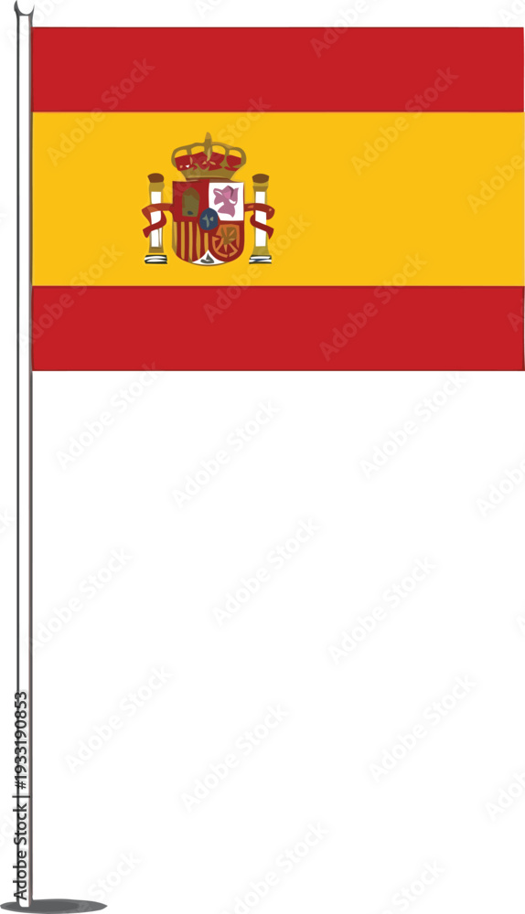 Fototapeta premium Spain national flag on flagpole vector illustration.