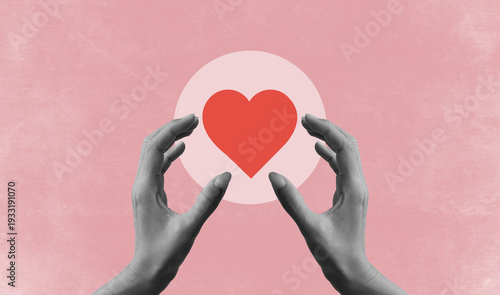 Composite two hands holding red heart shape on pink background love valentine, halftone collage. Art collage digital pop modern art