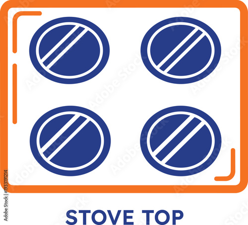 Modern electric stove top with four circular burners depicted as a clean graphic icon with blue heating elements and orange frame symbolizing cooking and kitchen appliances isolated