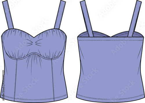 Women sweetheart neckline corset top vector template, front and back view fitted strap blouse technical fashion flat sketch illustration