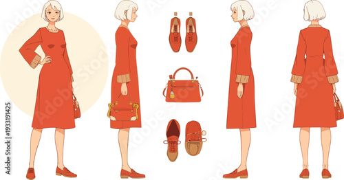Female fashion character sheet in red dress with accessories, front, side, and back views, anime style vector on white.