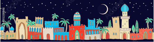 Vector Seamless border pattern of fairy tale oriental town on a dark blue background