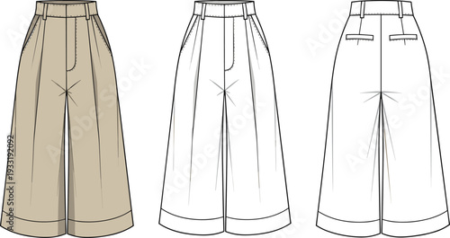 Women wide leg trousers vector illustration, front back and side view, high waist tailored pants design, fashion technical flat sketch template