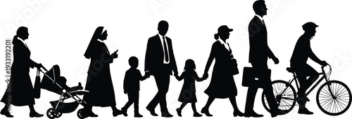 Silhouette of a diverse group of people walking together in a line