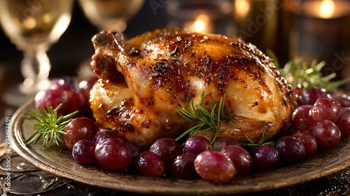 Whole roasted Cornish hen brushed repeatedly with Prosecco grape glaze, crisp golden skin glistening under light, plated whole on rustic platter with roasted grapes and herbs