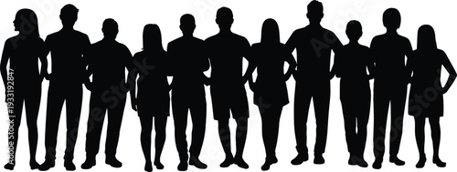 Diverse standing people silhouettes collection isolated on white background, men and women black shadow figures in row for teamwork, community, business and social unity concept
