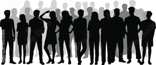 Large crowd of diverse people silhouettes standing together with layered shadow figures, isolated on white background for community, teamwork, social network and business concept design