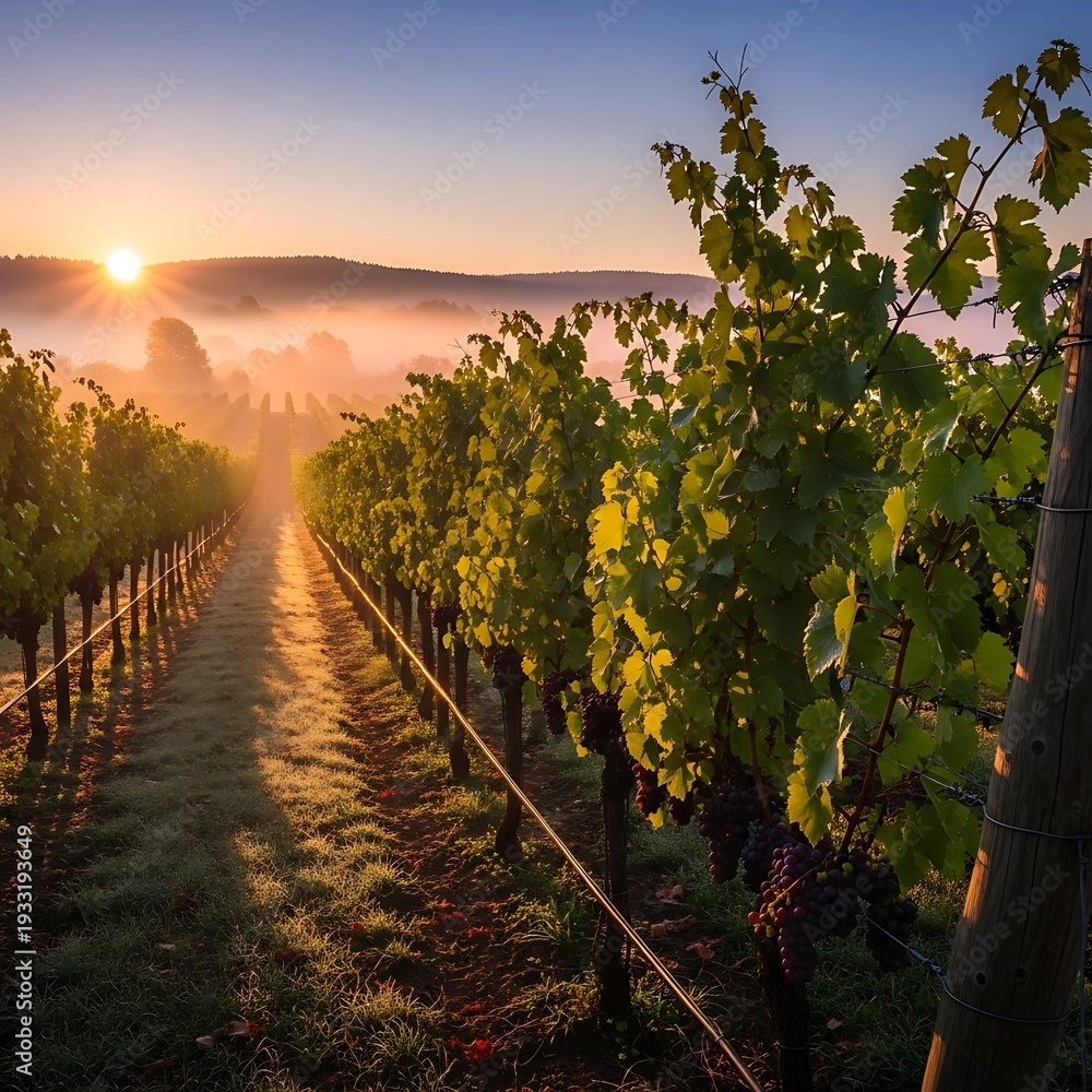 Fototapeta premium Vineyard rows bathed in golden sunrise light with rolling hills.