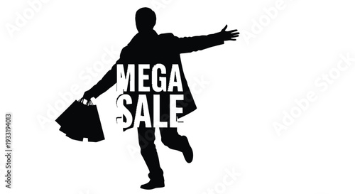 Silhouette of a person running with shopping bags advertising a mega sale