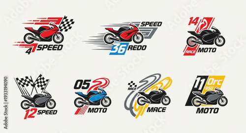 Motorcycle racing logos with speed and checkered flags for design elements.