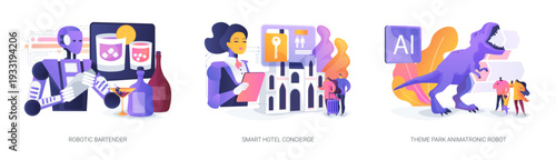 Robots in Guest Service and Entertainment abstract concept vector illustrations.