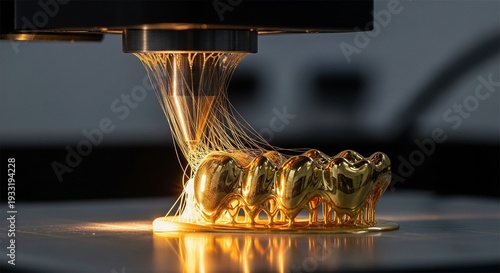 A high-tech 3D printer using resin or metal to build a golden dental bridge in a laboratory setting